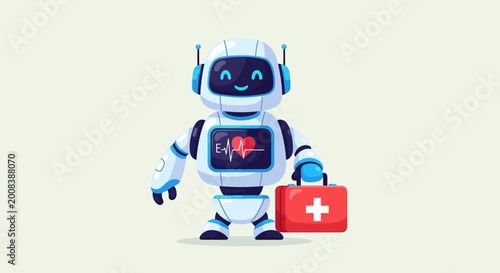Friendly robot with first aid kit and heart monitor display