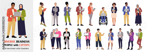 Diverse business people with laptops set. Inclusive professionals of different ages, cultures and abilities using devices. Full body modern characters for corporate, remote work and teamwork concepts.