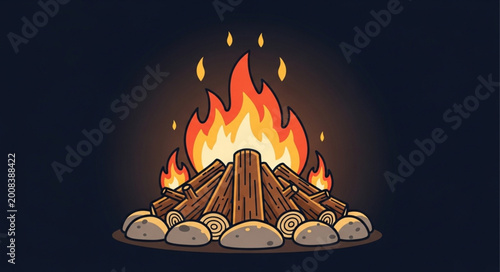 Obraz na plátne Campfire with Flames and Burning Wood in Night Scene.
