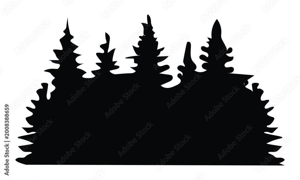 Obraz premium Pine Tree Silhouette Forest Borders. Icon of pine trees forming forest borders, ideal for nature designs, backgrounds, overlays, themed graphic projects.