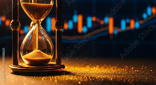 Hourglass with golden sand against futuristic city lights background