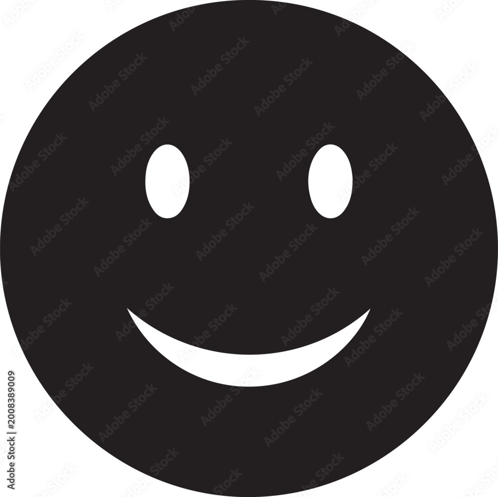 Fototapeta premium Happy black smiley face icon, cheerful emotion symbol, positive mood graphic, simple vector illustration for user interfaces and communication.
