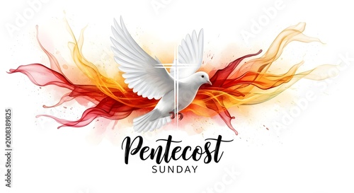 White dove flying through red and yellow flames on pentecost sunday