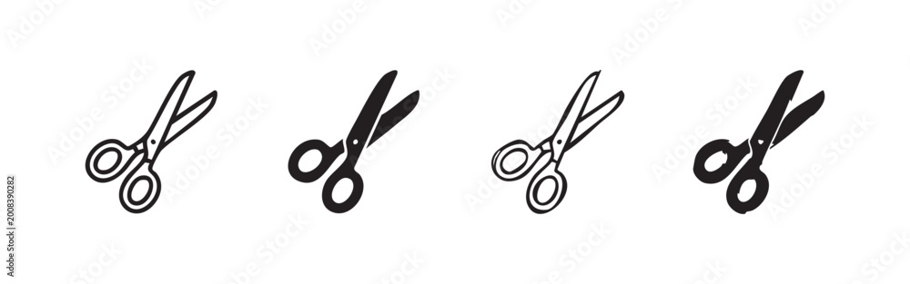 Fototapeta premium Four scissor icons in outline and solid black variations