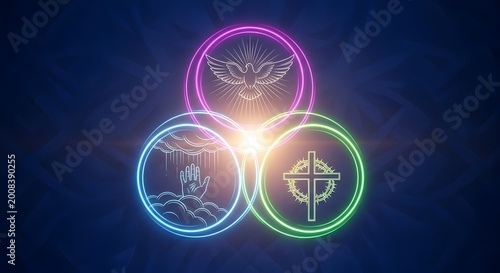 Neon trinity symbol with dove, hand, and cross in pink, blue, and green