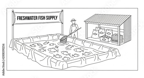 Fotografía Freshwater Fish Supply Market Scene Illustration.