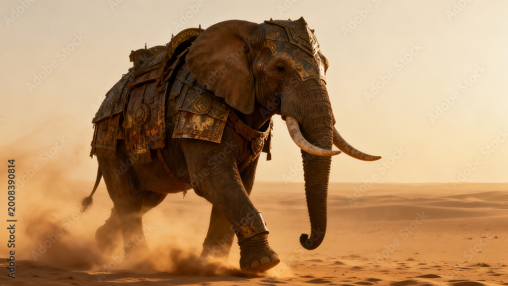 Fototapeta premium Armored elephant majestically traverses a sunlit desert, stirring up dust. A powerful, ancient beast embodying wild strength and enduring resilience