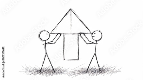 Stick figures lifting an upward arrow together representing growth and team success