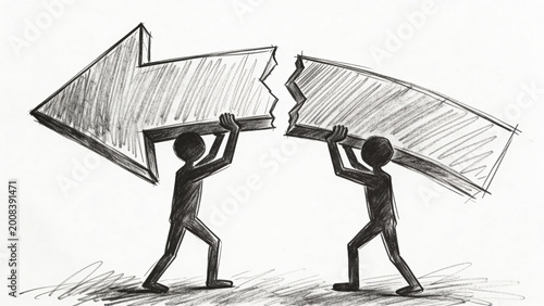Stick figures carrying a broken arrow representing failed strategy or redirection