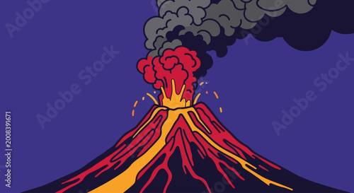 Tableau sur toile erupting volcano with lava flow and smoke
