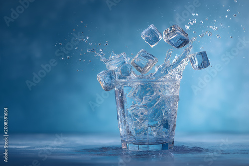Ice Cubes Falling into Water with Splash Effect