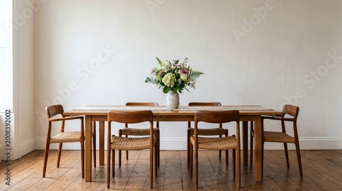 modern dining room with a wooden table and chairs