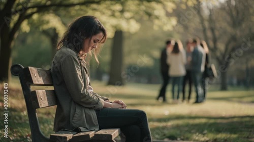 Young woman sitting alone on park bench feeling sad and isolated with group of people in background