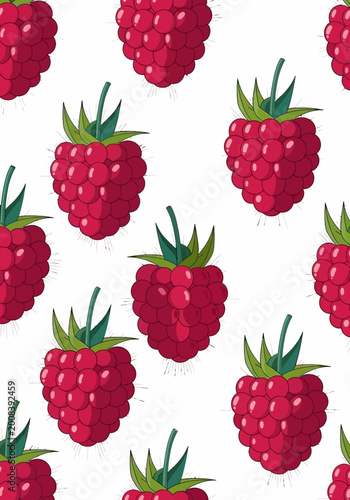 Seamless Raspberry Fruit Vector Pattern on White Background - Fresh Red Berries and Green Leaves Illustration