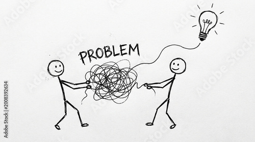 Stick figures untangling a messy knot to find an idea solution
