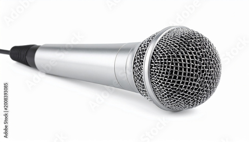 Silver microphone with a black cable lying on a white reflective surface