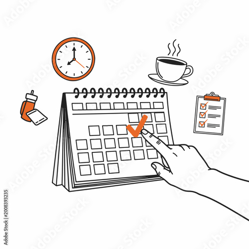 Time Management Calendar Planning with Daily Routine Icons Line Art