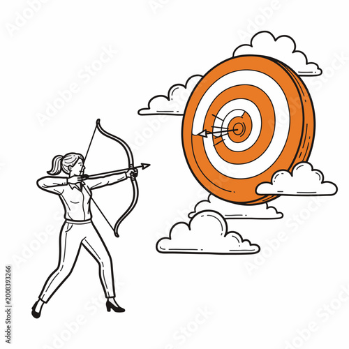 Businesswoman Shooting Arrow at Large Target for Career Growth Success