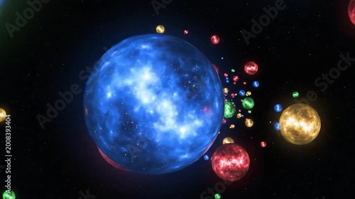 A vibrant and colorful collection of glowing spheres floating in a dark, star-filled cosmic expanse, creating a visually stunning display
