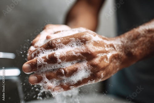 African American hands washing with soap and bubbles. Hygiene, wellness and daily self-care routine concept