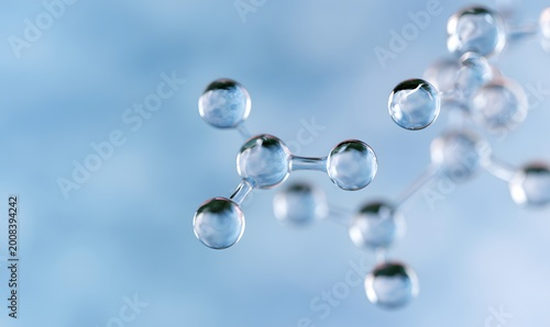 Abstract scientific visualization of water molecules forming a chemical structure with clear spheres.