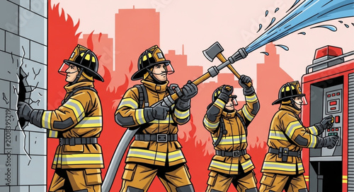 Tableau sur toile Firefighters in Action Extinguishing Fire with Hose.