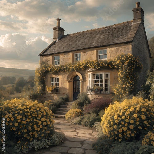 A charming countryside cottage wrapped in climbing yellow flowers, warm light, soft sky, dreamy romantic background