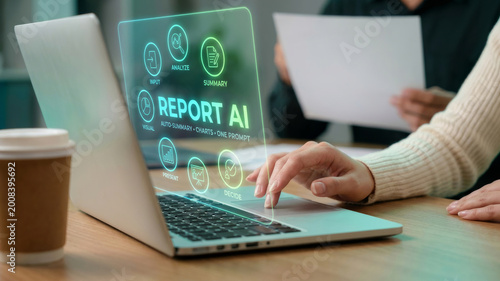 Report ai summary analyze insight decide visual chart office desk laptop. Summary AI, intelligence report management, document information innovation system analysis, automation, data, summarize