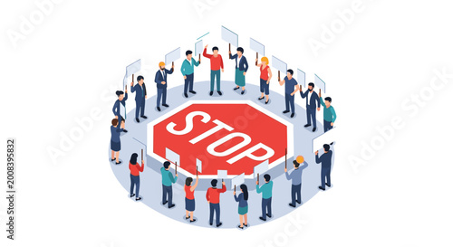 Isometric illustration shows a diverse group of activists gathered around a giant stop sign to protest and voice social concerns.