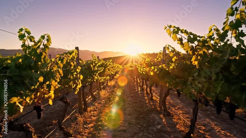 Sunset over a vineyard with rows of grapevines ideal for travel vlogs and eco-friendly campaigns