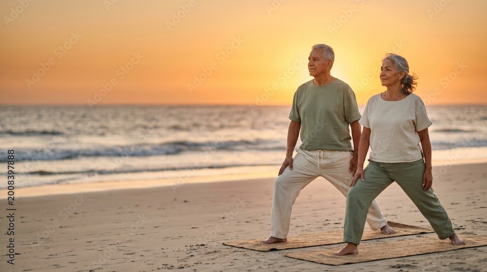 Fototapeta premium Senior Hispanic couple practicing yoga warrior pose on beach at sunset.
