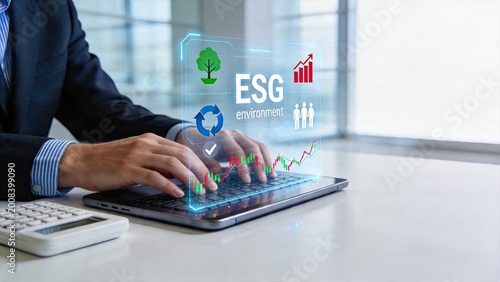 Businessman typing on laptop with hologram of ESG environment governance social responsibility symbols investment growth chart graph rising green economy concept