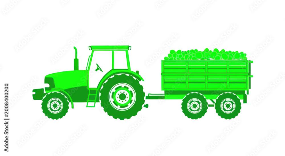Obraz premium Green Tractor Pulling Trailer Full of Vegetables Isolated on White Background