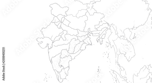 Photography Outline Map of India and Southeast Asia with Borders and Rivers, White Backgroun