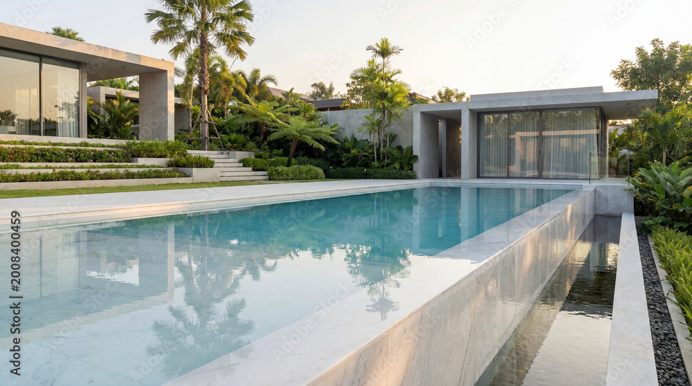 Fototapeta premium Pool with Tranquil Water Clean White Marble Finish Modern Architecture Framing Tropical View