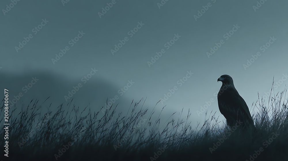 Fototapeta premium Majestic eagle silhouette perched in tall grass against a moody. overcast sky. capturing a serene