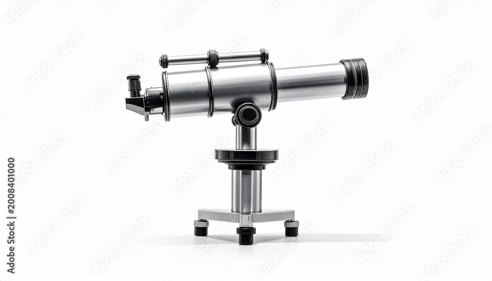 Fototapeta premium Sleek silver telescope on a sturdy metal tripod base for astronomical observation
