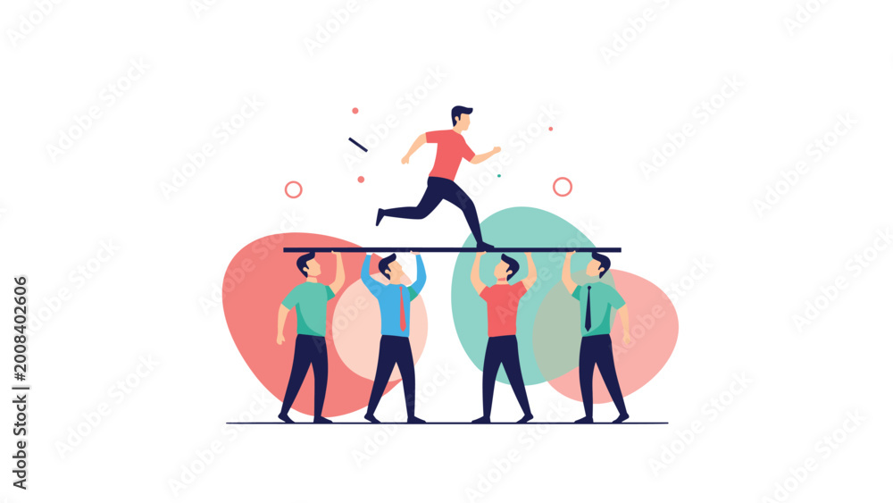 Obraz premium Teamwork and corporate support concept with four professional staff members holding a platform for their colleague to run.