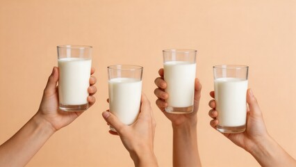A group of people enjoying glasses of cow milk in a fun and healthy toast