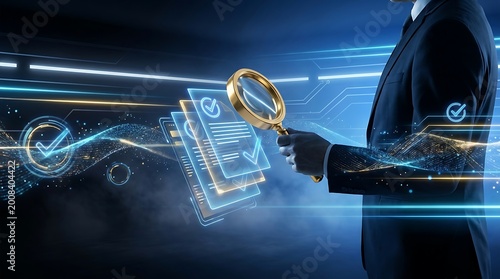 Digital Audit and Compliance Check with Magnifying Glass and Checkmarks