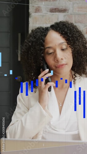 Vertical video: Woman's seeing phone, picking up and calling, listening as blue wave rises, working