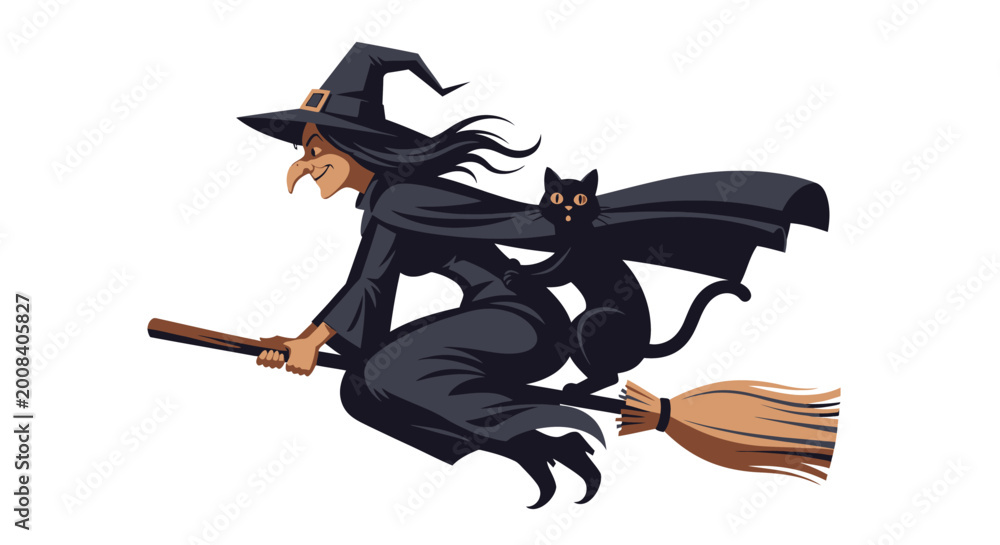 Obraz premium Witch on broomstick with black cat vector illustration for seasonal themes