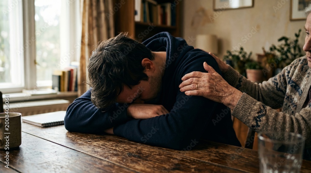 Fototapeta premium Elderly woman comforting distressed young man sitting at table in home.