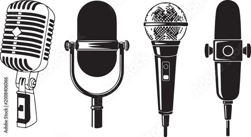 Four microphones retro classic and modern set. Microphone black silhouette on white background. Music icon mic. Mike flat design vector eps illustration