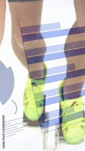 Vertical video: Runner shifting, pushing off blocks into sprint, frame rising, charts over shoes