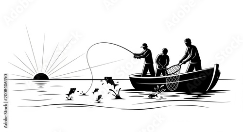 Canvastavla Silhouette of Three People Fishing from a Small Boat on Water.