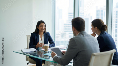 Smiling Indian woman candidate answering questions during a job interview with two recruiters in a modern office. Human resources and staffing concept with copy space.