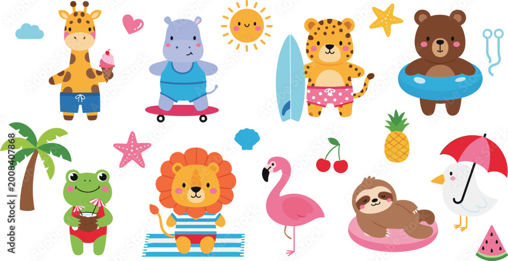 Fototapeta premium Summer Animal Cartoon Vector Set Featuring Fun and Playful Characters with Tropical Themes, Nature, Beach Accessories, and Seasonal Elements