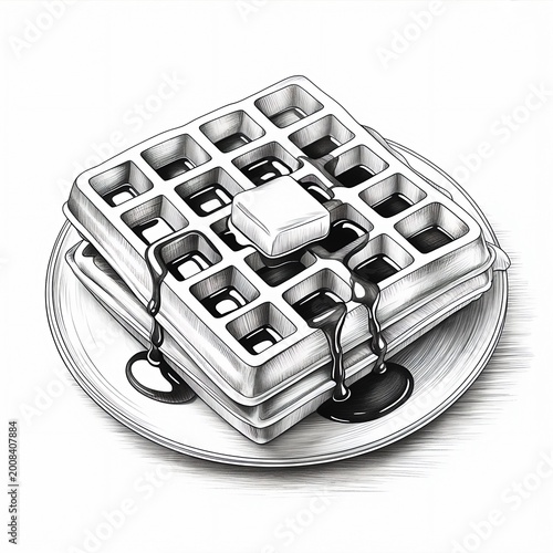 Intricate pencil drawing of Belgian waffle with melting butter and syrup