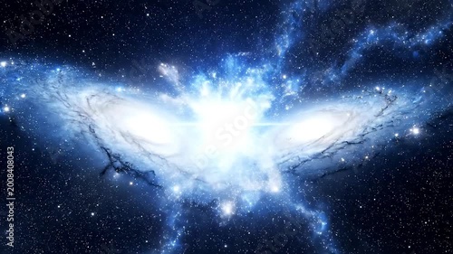 A stunning astronomical image of two spiral galaxies colliding in space